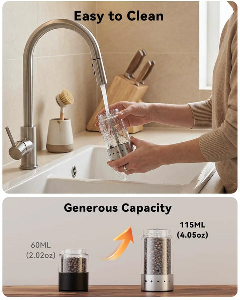 Rechargeable Electric Salt And Pepper Grinder Set With LED Display 115ml Large Capacity shown being cleaned and filled