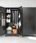 75 Inch Heavy Duty Metal Garage Storage Cabinet With Lockable Doors For Tools And Gear, shelves and cleaning supplies visible