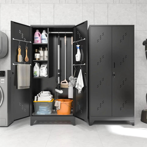 75 Inch Heavy Duty Metal Garage Storage Cabinet With Lockable Doors For Tools And Gear, shelves and cleaning supplies visible