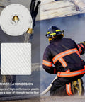 Firefighter using One And A Half Inch Lay Flat Fire Hose Fifty Foot White Beefy Heavy Duty Industrial Water Hose With Brass NPSH And NPT Couplings Male And Female Gasketed Ends Test Pressure Up To 250 PSI
