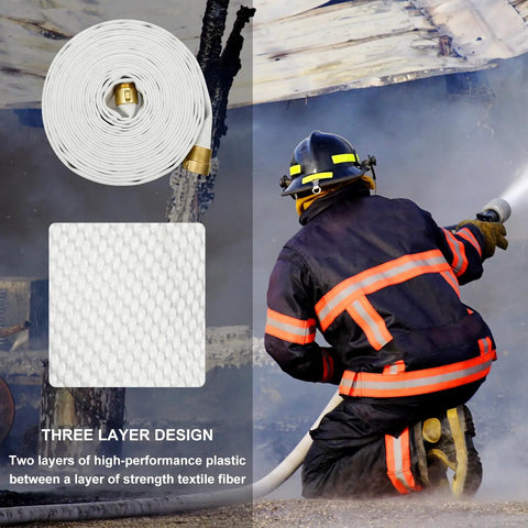Firefighter using One And A Half Inch Lay Flat Fire Hose Fifty Foot White Beefy Heavy Duty Industrial Water Hose With Brass NPSH And NPT Couplings Male And Female Gasketed Ends Test Pressure Up To 250 PSI