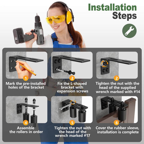 Installation steps for Adjustable Sliding Gate Roller Hardware Kit with Heavy Duty Steel Wall Mount Bracket and Nylon Roller Guide.