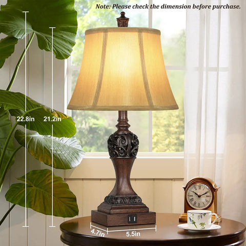 Set Of 2 Touch Control 3-Way Dimmable Bedside Lamps With Two USB Charging Ports Bell Shape Faux Silk Shade Brown Base LED Bulbs Included Ideal For Nightstands Bedroom Or Living Room No-Fuss Easy Tap Dimmer, shown on a wooden table with clock and plant, dimensions highlighted