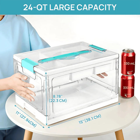 Big 24 Qt Clear Plastic Craft Organizer With Removable Trays And Dividers for art supplies shown with size dimensions.