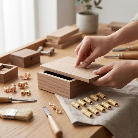 Ten Pack Brass Hidden Cabinet Hinges M8x18mm next to hands assembling wooden box on table