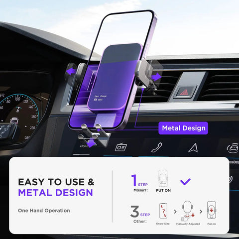 Wireless Car Charger Mount With Auto Clamping And 15W Fast Charge, 7 Color RGB Backlit, in car dashboard with metal design