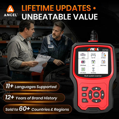 Two men discussing beside Beefed-Up All-In-One Volkswagen Group OBD2 Scan Tool For Volkswagen Audi Skoda Seat with tool screen visible.