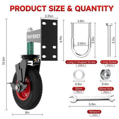 8 Inch Heavy Duty Gate Wheel With Brake For Wooden Gates And Metal Tube Gates, spring loaded 750lbs capacity, product dimensions shown