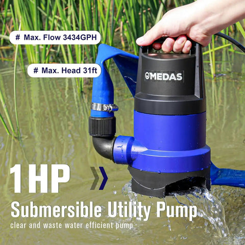 Person using 1HP 3434 GPH Submersible Sump Pump For Clean Or Dirty Water Portable Utility Pump With 16 Foot Cord in pond.