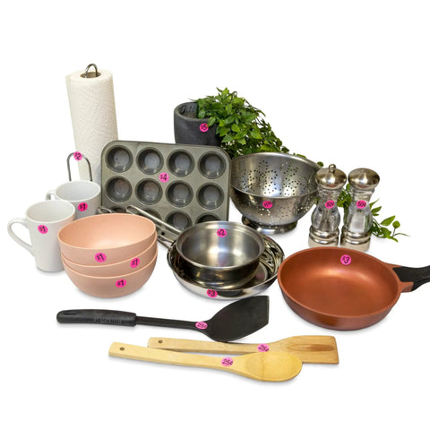 Assorted kitchenware with Garage Sale Price Stickers 1000 Count Pre Printed Labels Pink Easy To Use High Quality Price Tags.
