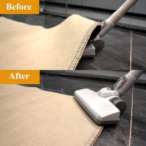 Before and after using Eight Pack Rug Pad Grippers for Hardwood Floors, showing anti-slip tape preventing rug curling on floor