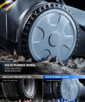 Close-up of solid rubber wheel on Manual Walk Behind Floor Sweeper With 41 Inch Sweeping Path And 55 Liter Bin No Cord Wrangling daily grind.