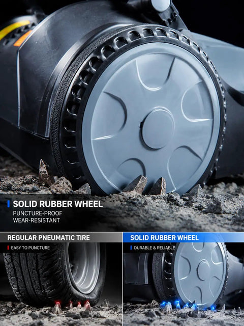 Close-up of solid rubber wheel on Manual Walk Behind Floor Sweeper With 41 Inch Sweeping Path And 55 Liter Bin No Cord Wrangling daily grind.