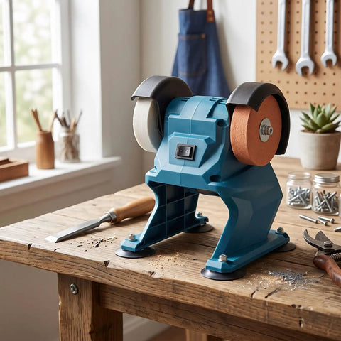 No Nonsense Cordless Mini Bench Grinder With Suction Cup Base And Mounting Holes 2.76 Inch Hole Polisher on wood bench.