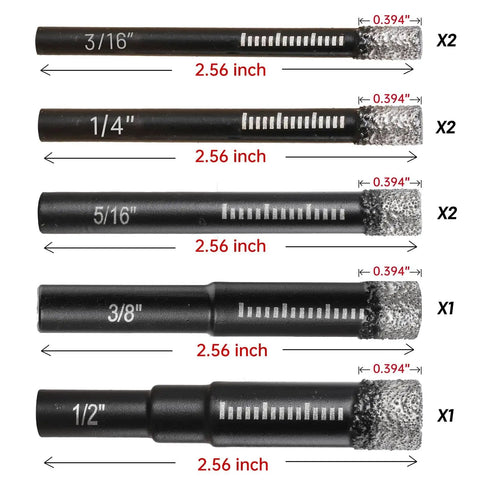 Dry Diamond Drill Bits Set For Tile And Stone, 8 Pc With Integrated Coolant, Sizes 3/16 to 1/2 Inch, front view