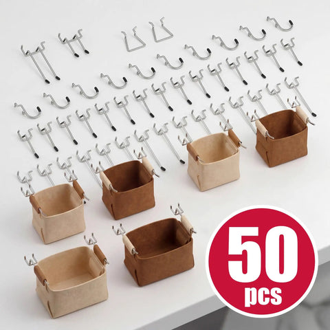 Metal Pegboard Organizer Set 4 Pack accessories with 50 hooks and baskets for office, craft room, garage, sewing room use
