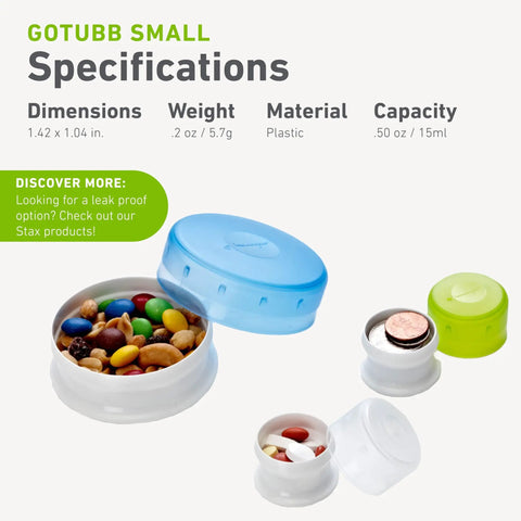 GoTubb Mini Storage Containers For Snacks And Grab And Go Travel Gear With One Hand Snap Lid. Three colors with contents visible.