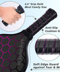 Close-up of paddle grip in All In One Pickleball Gear Kit With 4 Fiberglass Graphite Paddles, 2 Outdoor Balls, 2 Indoor Balls, Lead Tapes, Bag, And Essentials For Beginners To Pros, USAPA Approved For Men, Women, Kids, Adults.