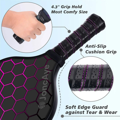 Close-up of paddle grip in All In One Pickleball Gear Kit With 4 Fiberglass Graphite Paddles, 2 Outdoor Balls, 2 Indoor Balls, Lead Tapes, Bag, And Essentials For Beginners To Pros, USAPA Approved For Men, Women, Kids, Adults.
