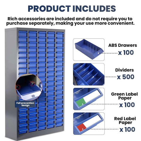 Boss Level Heavy Duty 100 Drawer Nut And Bolt Organizer Cabinet With Stainless Steel Build and labels shown with contents
