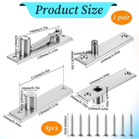 Heavy Duty Hidden Pivot Hinge For Wood Doors Stainless Steel With 360 Degree Rotation and screws, product dimensions shown