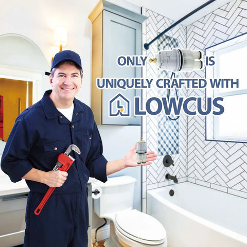 Plumber holding a replacement shower cartridge RP46074 in a bathroom setting for 13 and 14 series faucets.