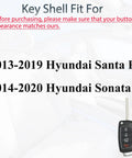Hyundai Key Fob Shell Case Replacement For Sonata And Santa Fe Folding Keyless Entry Remote With 4 Button Pad Cover 2013 2014 2015 2016 2017 2018 2019 2020 shown.