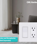 Screwless Decorator Wall Plate 2 Gang Outlet Covers Four Pack White Standard Size 4.68 by 4.72 Inches shown installed in living room