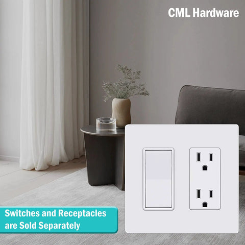 Screwless Decorator Wall Plate 2 Gang Outlet Covers Four Pack White Standard Size 4.68 by 4.72 Inches shown installed in living room