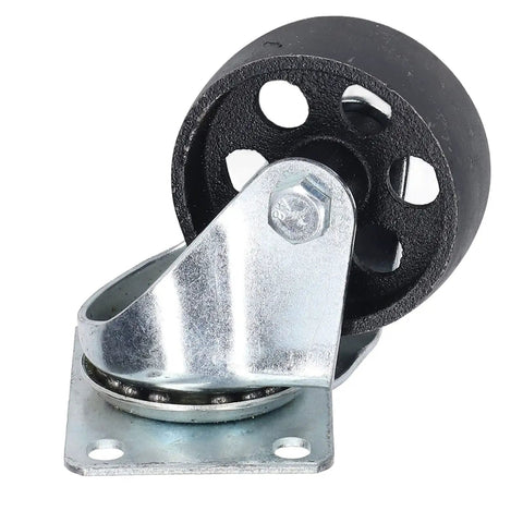 Heavy Duty 3 Inch Swivel Caster Wheel Pair Dual Bearing Cast Iron Housing Industrial Rubber Tread close-up view on a flat surface.