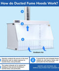 Diagram showing Heavy-Duty 40-Inch Wide Ducted Fume Hood with 6-Inch Exhaust Collar and LED Lighting for lab fume control, arrows indicating airflow.