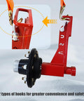 Close-up of red axle with 8-lug hub and ratchet tie system from Two Pack Shipping Container Wheels With Eight Lug Configuration.