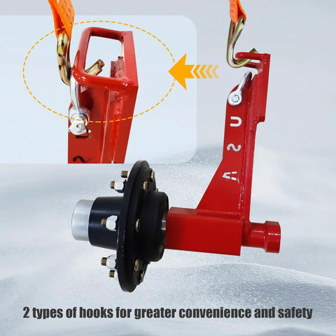 Close-up of red axle with 8-lug hub and ratchet tie system from Two Pack Shipping Container Wheels With Eight Lug Configuration.