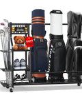 All-In-One Golf Bag Storage Organizer On Wheels, 3-Tier Stand with 3 bags, clubs, shoes, teddy bear, and balls in view