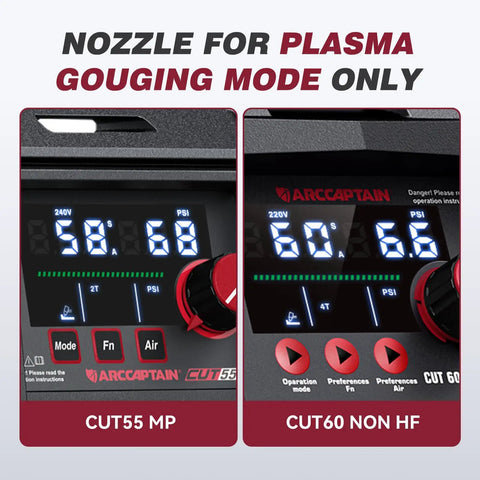 Close-up of CUT55 MP and CUT60 Non HF plasma cutter displays in IPT60 Plasma Gouging Nozzle Set For Plasma Cutters 23 Pcs.