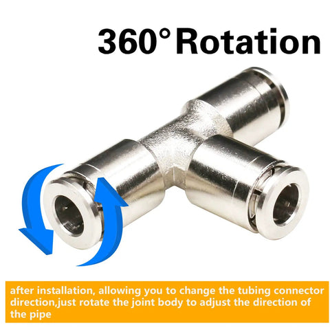One Quarter Inch Push To Connect Union Tee Fittings 3 Way Nickel Plated Brass Quick Connects for air water steam lines rotation feature