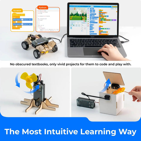 CyberPi Project Based Coding Kit For Kids Ages Eight To Twelve With Hands On STEM Projects Including An Auto Driving Car An Oscillating Fan And A Smart Trash Bin Made To Spark Creative Problem Solving And Real World Tech Skills, car and fan projects