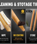 French Rolling Pin For Baking With Tapered Beech Wood Design, Nonstick Dough Roller shown with cleaning tips and storage options