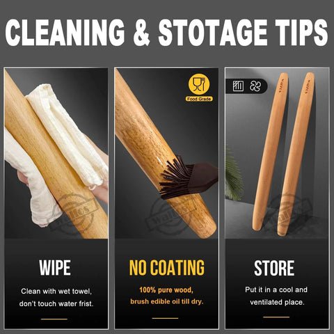 French Rolling Pin For Baking With Tapered Beech Wood Design, Nonstick Dough Roller shown with cleaning tips and storage options