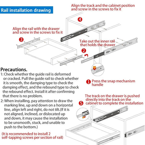 Installation diagram for Full Extension Drawer Slides Three-Section Pair 25 To 50 Centimeters Silent Rebound Stainless Steel Heavy Duty Drawer Slides For Kitchen Cabinets And Tool Chests No Fuss Install With Quick Release Latches