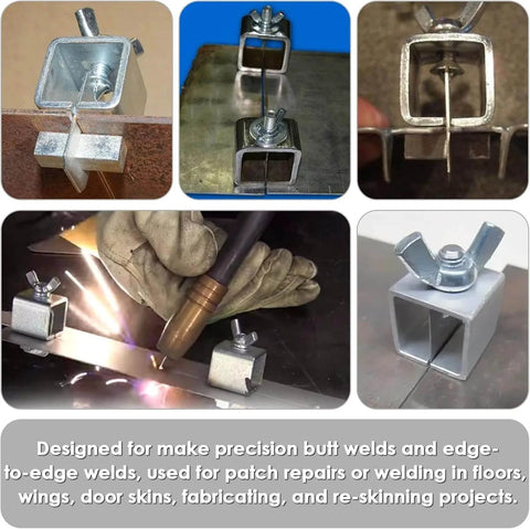8 Pcs Butt Welding Clamps For Edge To Edge Welds, shown in various applications; steel with zinc plating, used on auto body panels.