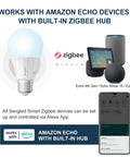 Zigbee Smart Light Bulbs With Hub Required Sold Separately showing compatibility with Amazon Echo and Alexa app control.