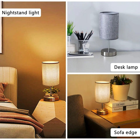Tap To Dim 3 Way Bedside Table Lamp With Grey Fabric Shade in bedroom, desk, and living room settings