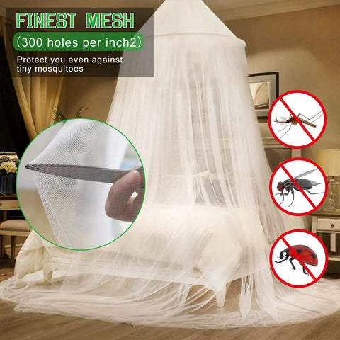 Mosquito Net Bed Canopy for Kids and Adults, White Dome Ceiling Hung Mesh Tent, fits twin to king beds, installed over bed