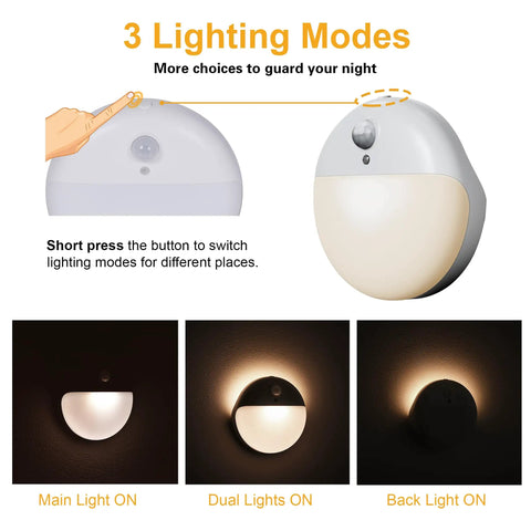 Two Pack Motion Sensor Night Lights For Indoor Use 2.6 Inch Stick On LED Lights For Stairs Bathroom Hallway Bedroom Kids Soft Warm White Dimmable 3 Light Modes Battery Powered Travel Friendly