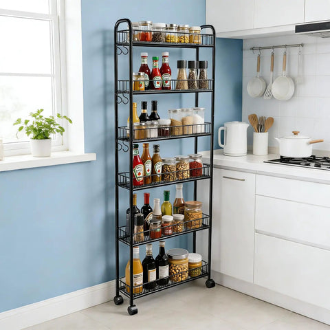 Space Saving 6 Inch Slim Rolling Storage Cart With Wheels, 6 Tier Narrow Space Metal Wire Shelving Unit for kitchen use
