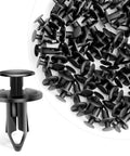 Hella Tough Nylon Bumper Fastener Rivet Clips One Hundred Piece Assortment Kit Eight Mm Universal Push Pin Anchors, black clips in a bowl.