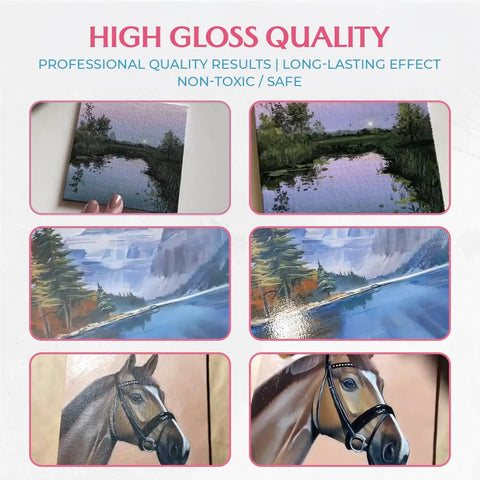 Various artworks with a high gloss finish using Crystal Clear Acrylic Varnish With Ultra High Gloss Finish, 3.38 Fl Oz, Non Yellowing And Non Toxic.