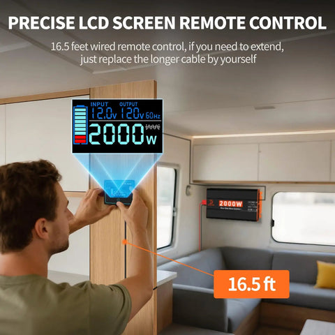 Man using the precise LCD screen remote control for Solid Pure Sine Wave Power Inverter 12V DC To 120V AC 2000W in RV interior.