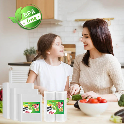 Mother and daughter in kitchen with 6 Pack Vacuum Sealer Bags Rolls 8x20 And 11x20 Cut To Size Heavy Duty BPA Free shown
